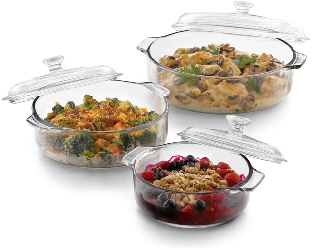 Main image of Baker's Basics Glass Casserole Dish Set with Covers, 3-Piece | Curved Pedestal Display baked goods, pastries, cupcakes, and pies with a clear cover for serving and freshness