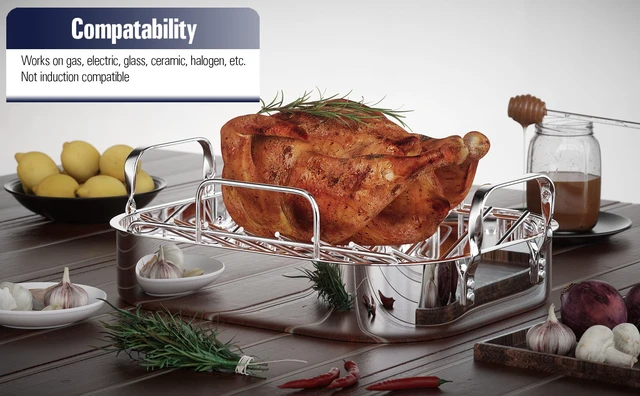 Alt view image 4 of 7 - Classic 14 x 12 Inch Stainless Steel Roaster Pan with V-Shaped Rack, Turkey Roasting Pan with Rack, Large Capacity, Oven and Dishwasher Safe