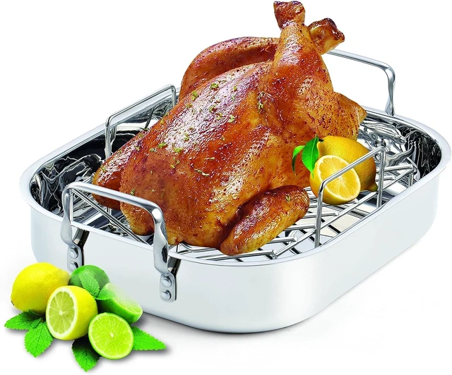 Alt view image 7 of 7 - Classic 14 x 12 Inch Stainless Steel Roaster Pan with V-Shaped Rack, Turkey Roasting Pan with Rack, Large Capacity, Oven and Dishwasher Safe