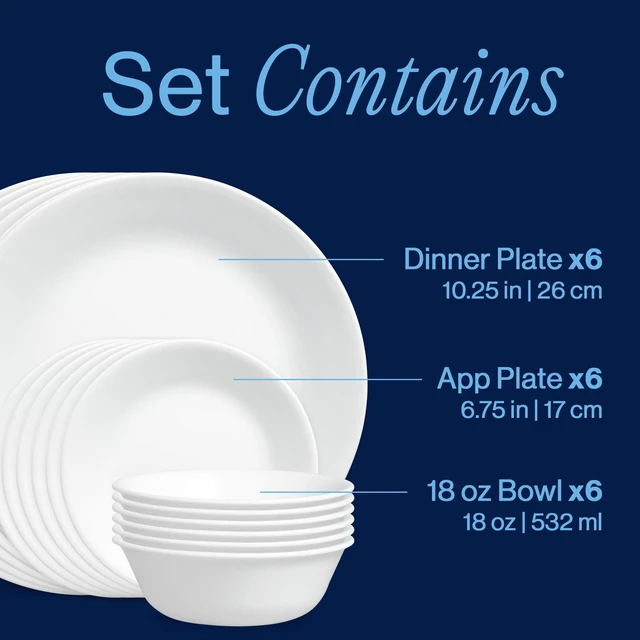 Alt view image 3 of 7 - Vitrelle 18-Piece Service for 6 Dinnerware Set Triple Layer Glass and Chip Resistant, Lightweight Round Plates and Bowls Set, Winter Frost White