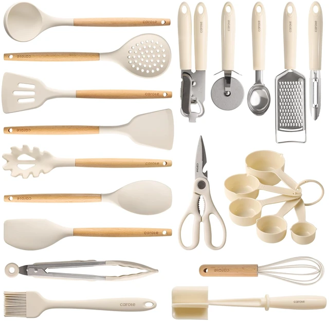 Main image of 22-Piece Cooking Utensils Set with Wood Cool-Touch Handles, Cream | Silicone Kitchen Utensil, Food Grade, Nonstick Cookware Friendly, BPA-Free, Heat-Resistant, Everyday Home Essentials, Gifts