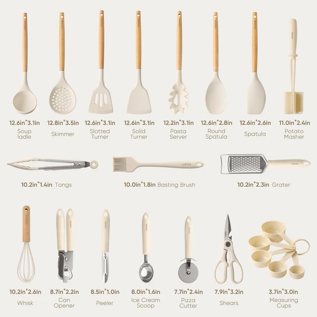 Alt view image 2 of 7 - 22-Piece Cooking Utensils Set with Wood Cool-Touch Handles, Cream | Silicone Kitchen Utensil, Food Grade, Nonstick Cookware Friendly, BPA-Free, Heat-Resistant, Everyday Home Essentials, Gifts