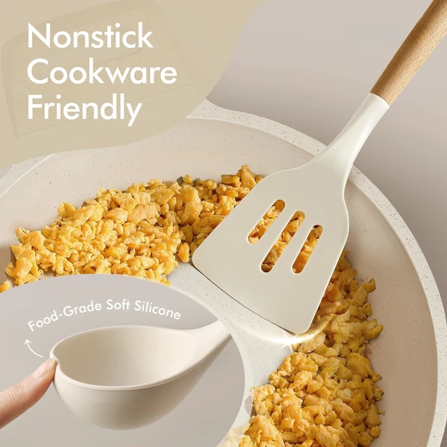 Alt view image 4 of 7 - 22-Piece Cooking Utensils Set with Wood Cool-Touch Handles, Cream | Silicone Kitchen Utensil, Food Grade, Nonstick Cookware Friendly, BPA-Free, Heat-Resistant, Everyday Home Essentials, Gifts