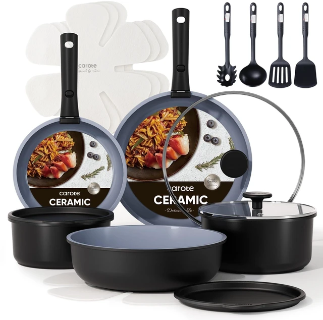 Main image of 19pcs Ceramic Cookware Set Detachable Handle,Pots and Pans Non Stick | Kitchen Cooking Sets, Space Saving, Dishwasher & Oven Safe, Non-Toxic, for Camping/RV/Traveling, Black/Grey