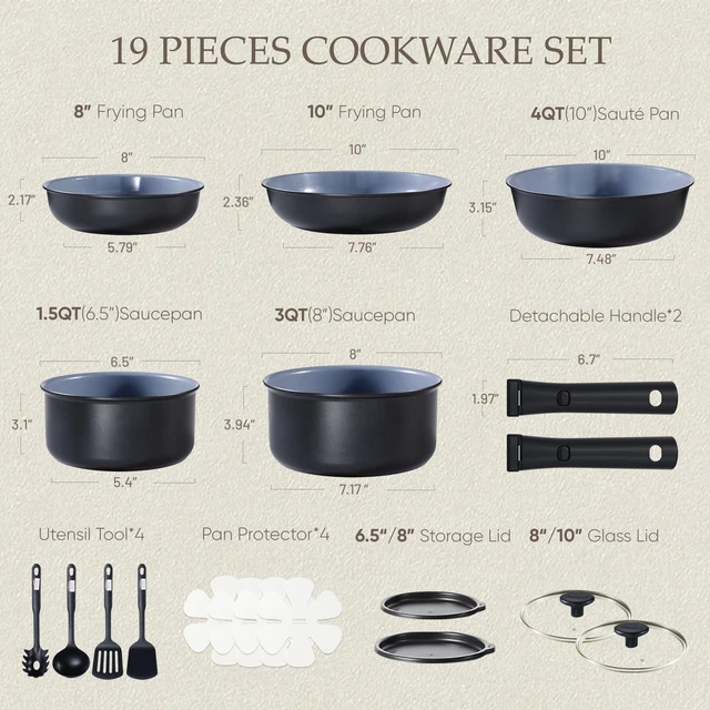 Alt view image 2 of 7 - 19pcs Ceramic Cookware Set Detachable Handle,Pots and Pans Non Stick | Kitchen Cooking Sets, Space Saving, Dishwasher & Oven Safe, Non-Toxic, for Camping/RV/Traveling, Black/Grey