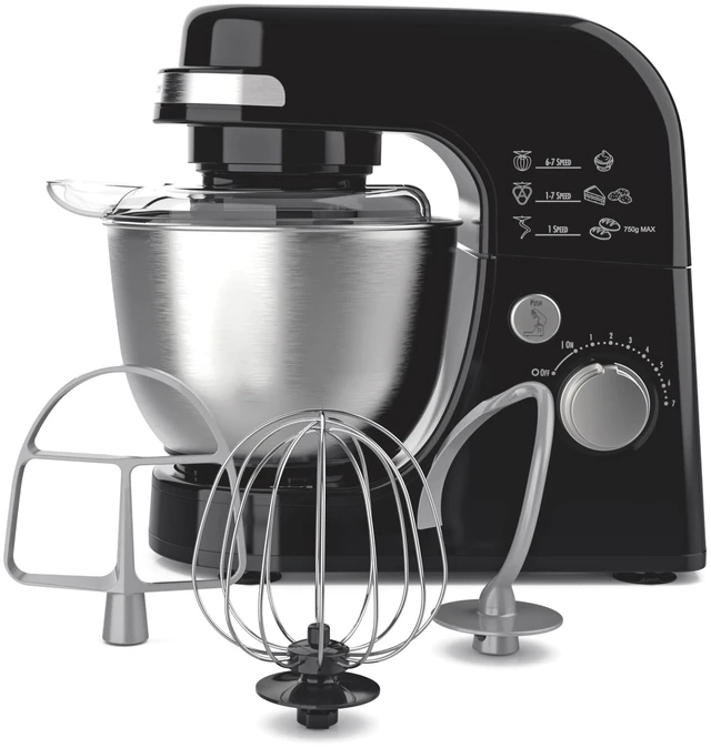 Main image of 4 Quart Electric Stand Mixer With 7 Speeds | Planetary Mixing For Full Bowl Coverage | Splash Guard | 300 Watts | Whisk, Flat Beater, Dough Hook | Black