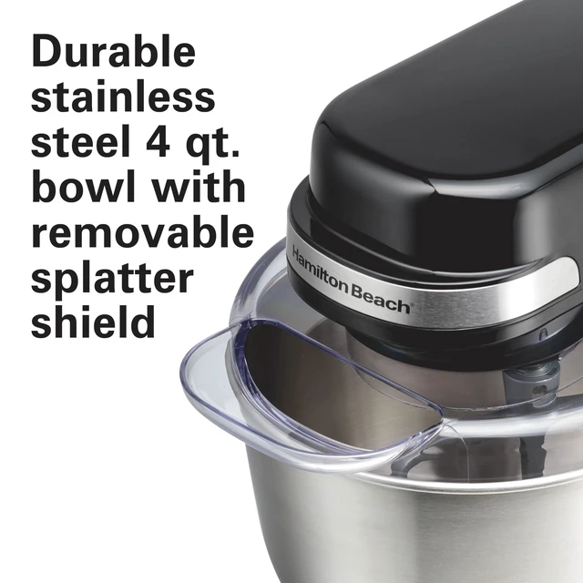 Alt view image 4 of 7 - 4 Quart Electric Stand Mixer With 7 Speeds | Planetary Mixing For Full Bowl Coverage | Splash Guard | 300 Watts | Whisk, Flat Beater, Dough Hook | Black