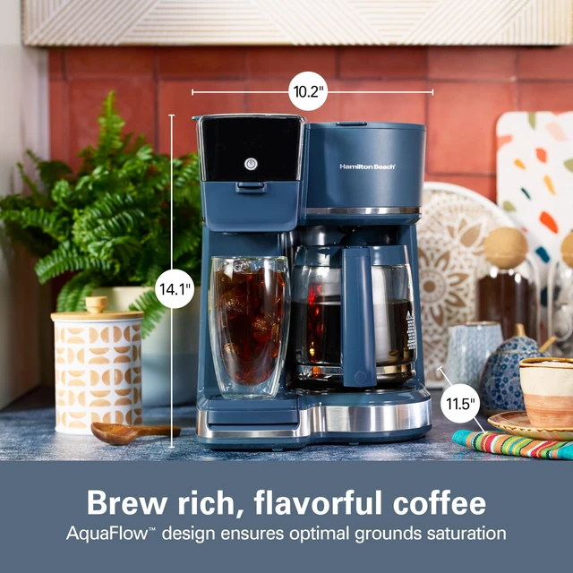 Alt view image 2 of 7 - 2-Way Drip Coffee Maker & Single Serve Coffee Machine | Hot & Iced Coffee Maker| 12 Cup Glass Carafe | AquaFlow Showerhead | Auto Pause & Pour | Kitchen Makeover Blue | 47502J