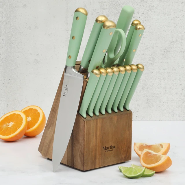 Alt view image 2 of 7 - 16-Piece Lockton High Carbon Stainless Steel Knife Block Set - Forged Full Tang Chef Knives, Acacia Wood Block, Triple Riveted Handles, Sage Green & Gold