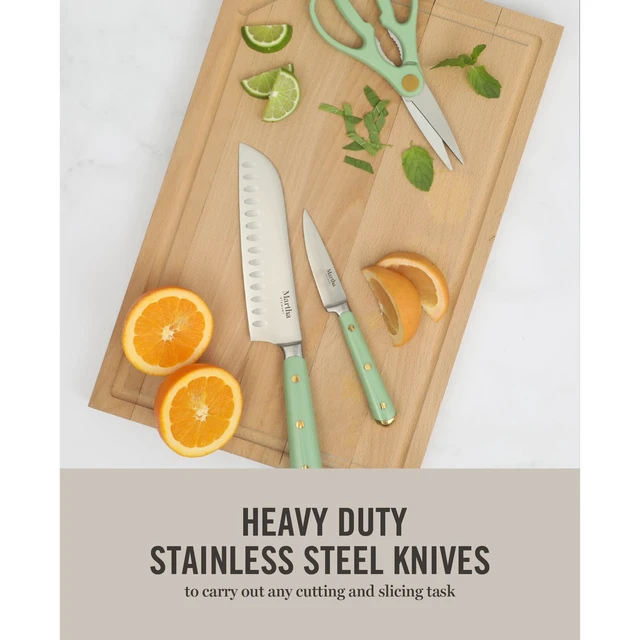 Alt view image 4 of 7 - 16-Piece Lockton High Carbon Stainless Steel Knife Block Set - Forged Full Tang Chef Knives, Acacia Wood Block, Triple Riveted Handles, Sage Green & Gold