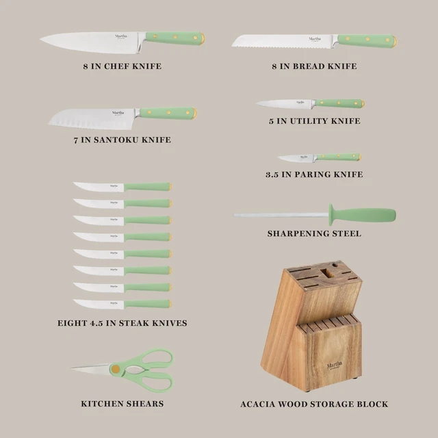 Alt view image 3 of 7 - 16-Piece Lockton High Carbon Stainless Steel Knife Block Set - Forged Full Tang Chef Knives, Acacia Wood Block, Triple Riveted Handles, Sage Green & Gold
