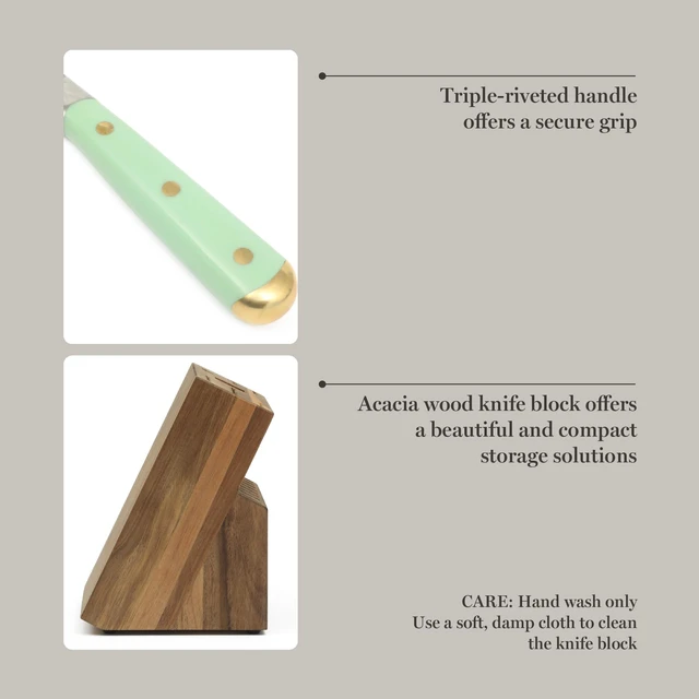 Alt view image 6 of 7 - 16-Piece Lockton High Carbon Stainless Steel Knife Block Set - Forged Full Tang Chef Knives, Acacia Wood Block, Triple Riveted Handles, Sage Green & Gold