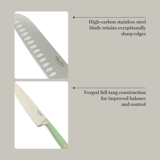 Alt view image 5 of 7 - 16-Piece Lockton High Carbon Stainless Steel Knife Block Set - Forged Full Tang Chef Knives, Acacia Wood Block, Triple Riveted Handles, Sage Green & Gold