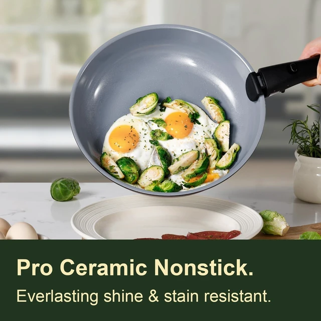 Alt view image 4 of 7 - 19pcs Ceramic Cookware Set Detachable Handle,Pots and Pans Non Stick | Kitchen Cooking Sets, Space Saving, Dishwasher & Oven Safe, Non-Toxic, for Camping/RV/Traveling, Black/Grey
