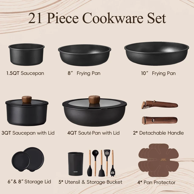 Alt view image 2 of 7 - 21pcs Pots and Pans Set Non Stick, Detachable Handle Cookware, Black | Induction Compatible, Dishwasher & Oven Safe, Space Saving, for Camping/RV/Traveling, Kitchen Cooking Set, House Warming Gift