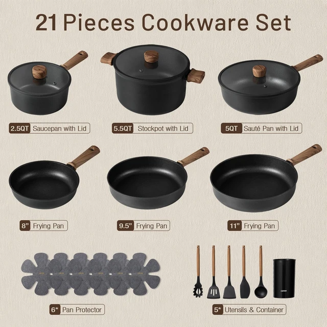 Alt view image 2 of 6 - 21pcs Pots and Pans Set, Nonstick Cookware Sets | Titanium Reinforced Coating, Scratch-Resistant, Easy to Clean, Even Heating, Induction Compatible, with Frying Pans Set