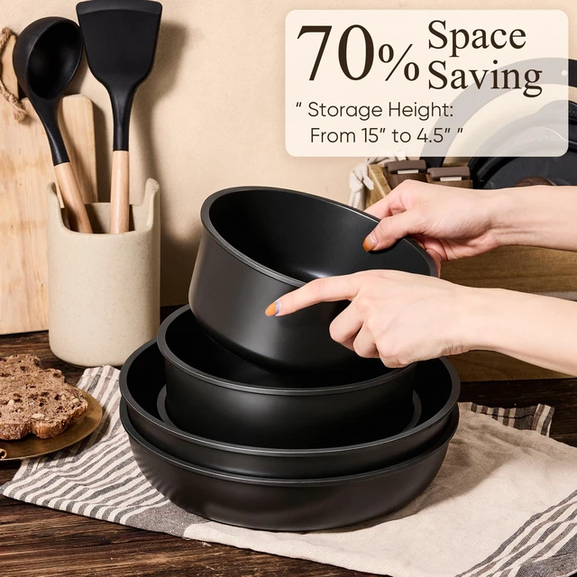 Alt view image 4 of 7 - 21pcs Pots and Pans Set Non Stick, Detachable Handle Cookware, Black | Induction Compatible, Dishwasher & Oven Safe, Space Saving, for Camping/RV/Traveling, Kitchen Cooking Set, House Warming Gift