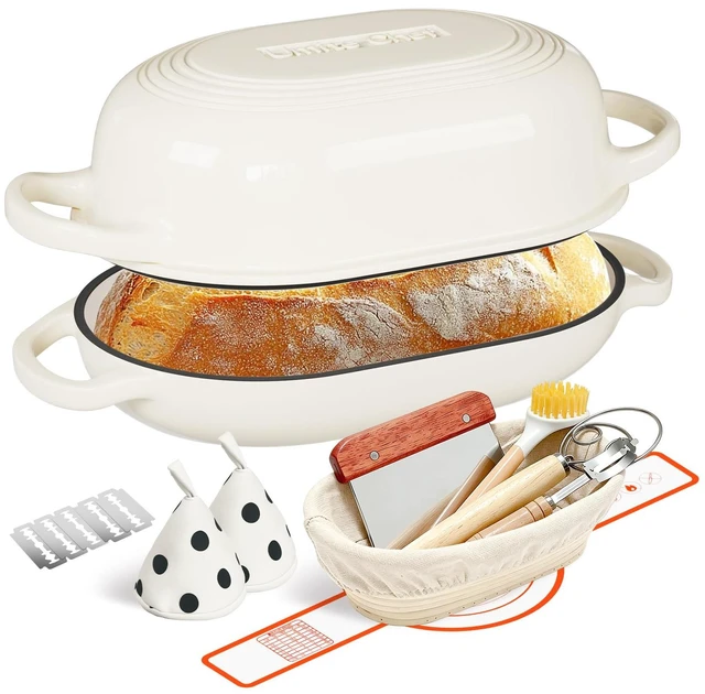 Main image of Enameled Cast Iron Dutch Oven for Bread Baking - incl. Sourdough Bread-Baking Supplies like Banneton Bread-Proofing Basket - 5QT Loaf Cast Iron Bread Oven Pan& Meatloaf Pan with Lid (Cream White