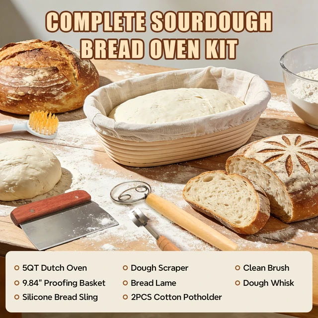 Alt view image 2 of 7 - Enameled Cast Iron Dutch Oven for Bread Baking - incl. Sourdough Bread-Baking Supplies like Banneton Bread-Proofing Basket - 5QT Loaf Cast Iron Bread Oven Pan& Meatloaf Pan with Lid (Cream White
