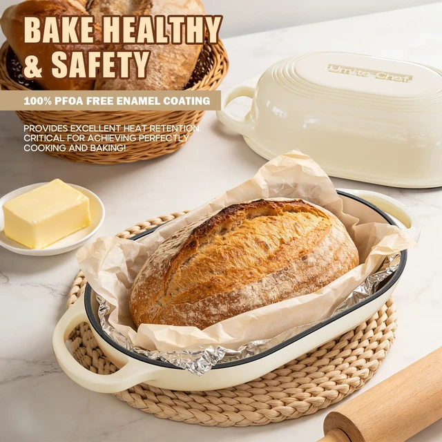 Alt view image 3 of 7 - Enameled Cast Iron Dutch Oven for Bread Baking - incl. Sourdough Bread-Baking Supplies like Banneton Bread-Proofing Basket - 5QT Loaf Cast Iron Bread Oven Pan& Meatloaf Pan with Lid (Cream White