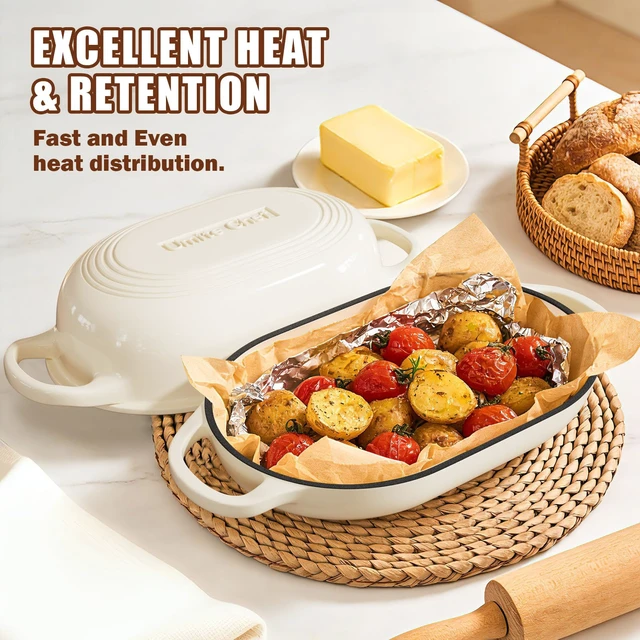 Alt view image 6 of 7 - Enameled Cast Iron Dutch Oven for Bread Baking - incl. Sourdough Bread-Baking Supplies like Banneton Bread-Proofing Basket - 5QT Loaf Cast Iron Bread Oven Pan& Meatloaf Pan with Lid (Cream White