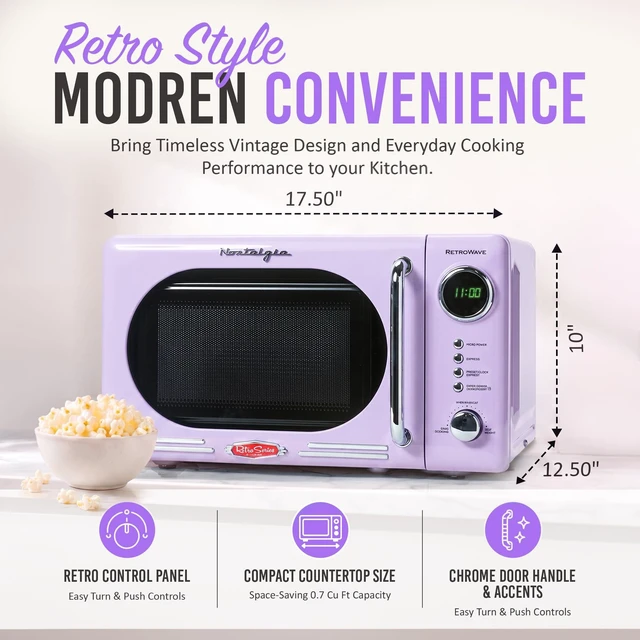 Alt view image 2 of 7 - Countertop Microwave Oven with Easy Clean Interior- Retro Microwave with LED Display & Child Lock- Compact 0.7 Cu Ft Oven With 12 Pre-Programmed Settings for any kitchen- 700-Watts- Lavender
