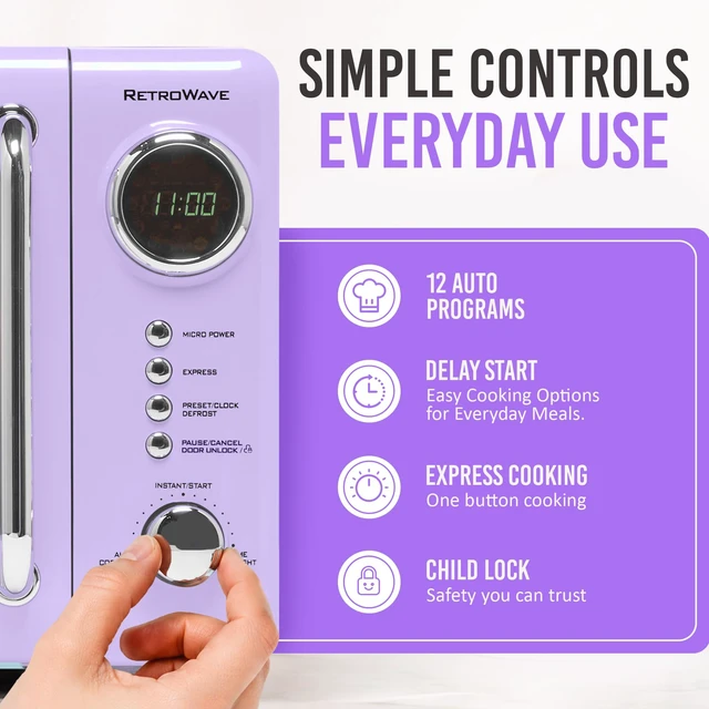 Alt view image 3 of 7 - Countertop Microwave Oven with Easy Clean Interior- Retro Microwave with LED Display & Child Lock- Compact 0.7 Cu Ft Oven With 12 Pre-Programmed Settings for any kitchen- 700-Watts- Lavender