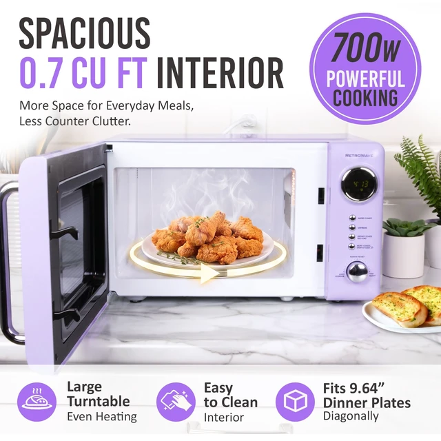 Alt view image 5 of 7 - Countertop Microwave Oven with Easy Clean Interior- Retro Microwave with LED Display & Child Lock- Compact 0.7 Cu Ft Oven With 12 Pre-Programmed Settings for any kitchen- 700-Watts- Lavender