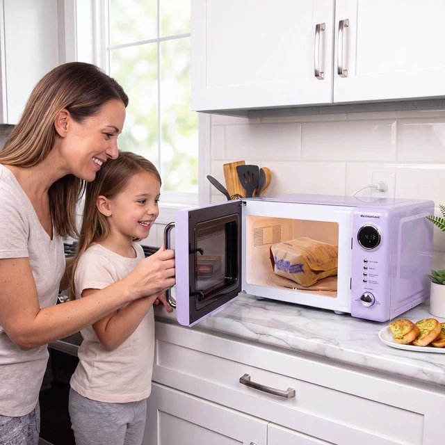 Alt view image 6 of 7 - Countertop Microwave Oven with Easy Clean Interior- Retro Microwave with LED Display & Child Lock- Compact 0.7 Cu Ft Oven With 12 Pre-Programmed Settings for any kitchen- 700-Watts- Lavender