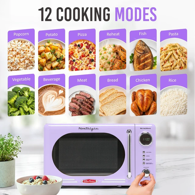 Alt view image 4 of 7 - Countertop Microwave Oven with Easy Clean Interior- Retro Microwave with LED Display & Child Lock- Compact 0.7 Cu Ft Oven With 12 Pre-Programmed Settings for any kitchen- 700-Watts- Lavender