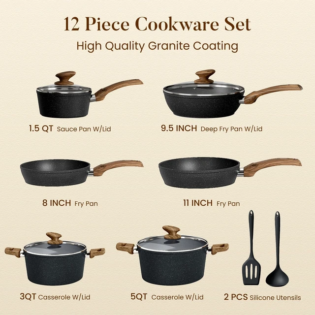 Alt view image 6 of 7 - Pots and Pans Set Non Stick, 12pcs Induction Cookware | Nonstick Kitchen Cookware Set, Black Granite Cooking Pans, PFOS & PFOA Free, Easy Food Release, Fast & Even Heating