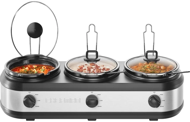 Main image of Triple Slow Cooker & Food Warmer, Three Crock Slowcooker with 2.5 Qt. Ceramic Crocks, 7.5-Quart Total Capacity, PFAS-Free, Three Temperature Settings, Dishwasher-Safe Parts Stainless Steel