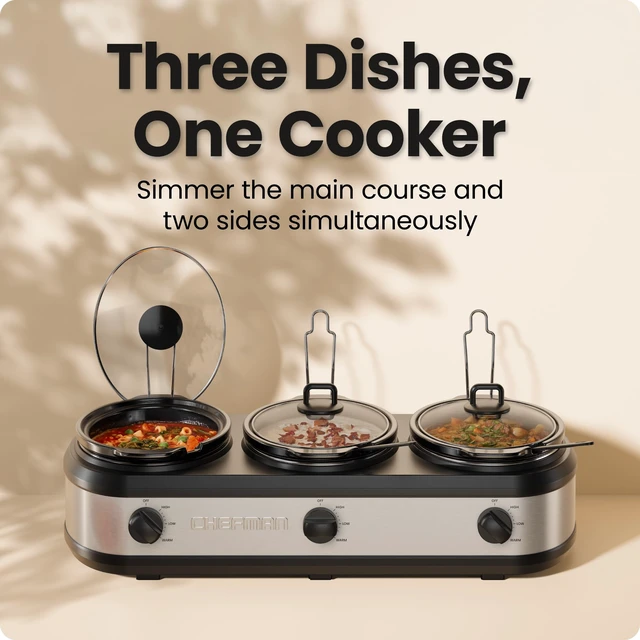 Alt view image 2 of 7 - Triple Slow Cooker & Food Warmer, Three Crock Slowcooker with 2.5 Qt. Ceramic Crocks, 7.5-Quart Total Capacity, PFAS-Free, Three Temperature Settings, Dishwasher-Safe Parts Stainless Steel