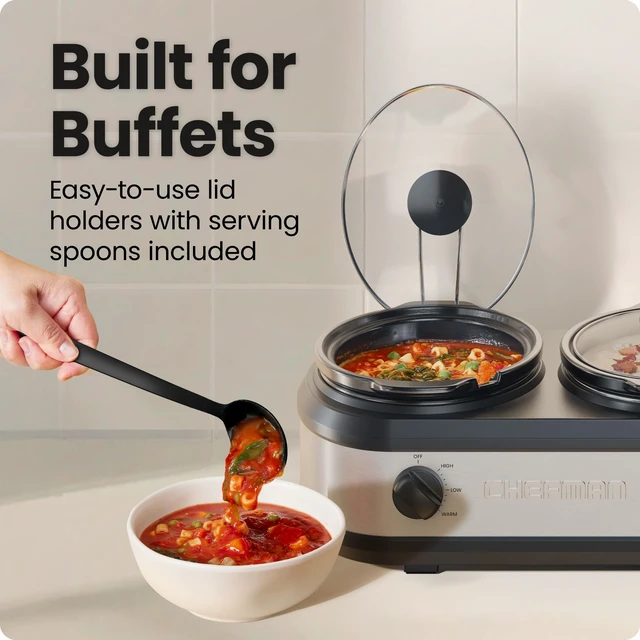 Alt view image 4 of 7 - Triple Slow Cooker & Food Warmer, Three Crock Slowcooker with 2.5 Qt. Ceramic Crocks, 7.5-Quart Total Capacity, PFAS-Free, Three Temperature Settings, Dishwasher-Safe Parts Stainless Steel