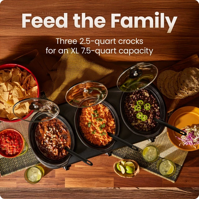 Alt view image 5 of 7 - Triple Slow Cooker & Food Warmer, Three Crock Slowcooker with 2.5 Qt. Ceramic Crocks, 7.5-Quart Total Capacity, PFAS-Free, Three Temperature Settings, Dishwasher-Safe Parts Stainless Steel