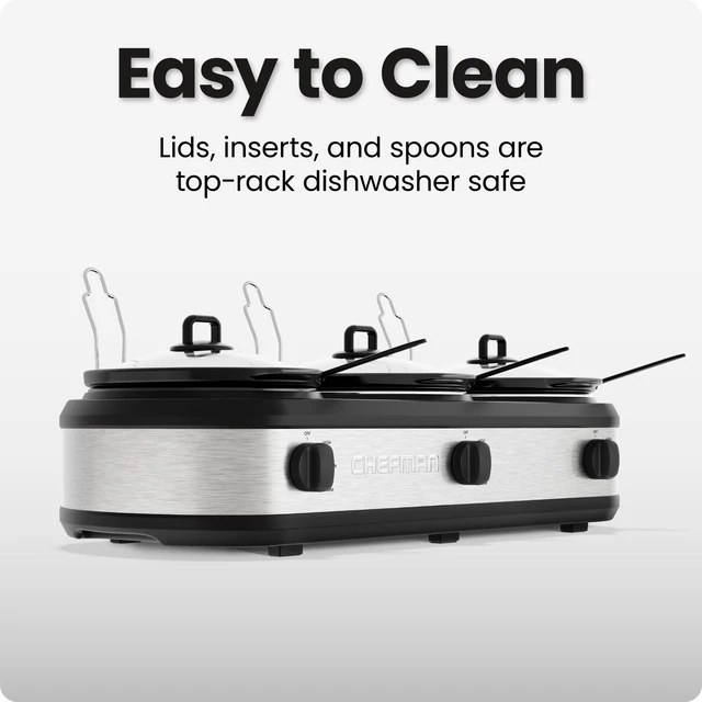 Alt view image 6 of 7 - Triple Slow Cooker & Food Warmer, Three Crock Slowcooker with 2.5 Qt. Ceramic Crocks, 7.5-Quart Total Capacity, PFAS-Free, Three Temperature Settings, Dishwasher-Safe Parts Stainless Steel