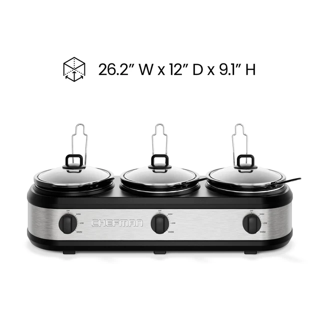 Alt view image 7 of 7 - Triple Slow Cooker & Food Warmer, Three Crock Slowcooker with 2.5 Qt. Ceramic Crocks, 7.5-Quart Total Capacity, PFAS-Free, Three Temperature Settings, Dishwasher-Safe Parts Stainless Steel
