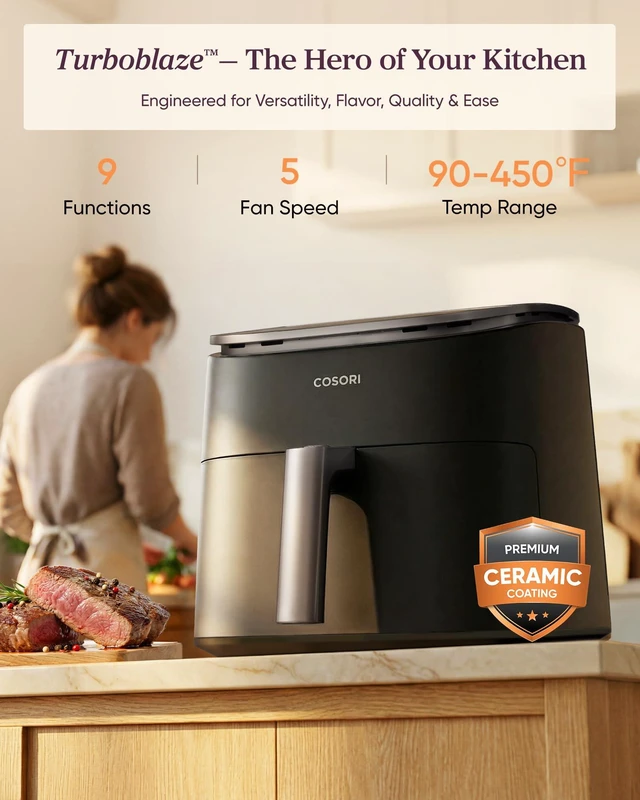 Alt view image 2 of 7 - TurboBlaze Air Fryer, 9-in-1, 6 Qt, PFAS-Free Ceramic Coating | 90°450°F, 5 Level Fan Speeds, 9 in 1 Air Fry, Roast, Bake, Broil, Dry, Frozen, Proof, Reheat, Keep Warm, Safety lock, 1725W
