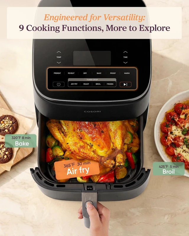 Alt view image 3 of 7 - TurboBlaze Air Fryer, 9-in-1, 6 Qt, PFAS-Free Ceramic Coating | 90°450°F, 5 Level Fan Speeds, 9 in 1 Air Fry, Roast, Bake, Broil, Dry, Frozen, Proof, Reheat, Keep Warm, Safety lock, 1725W
