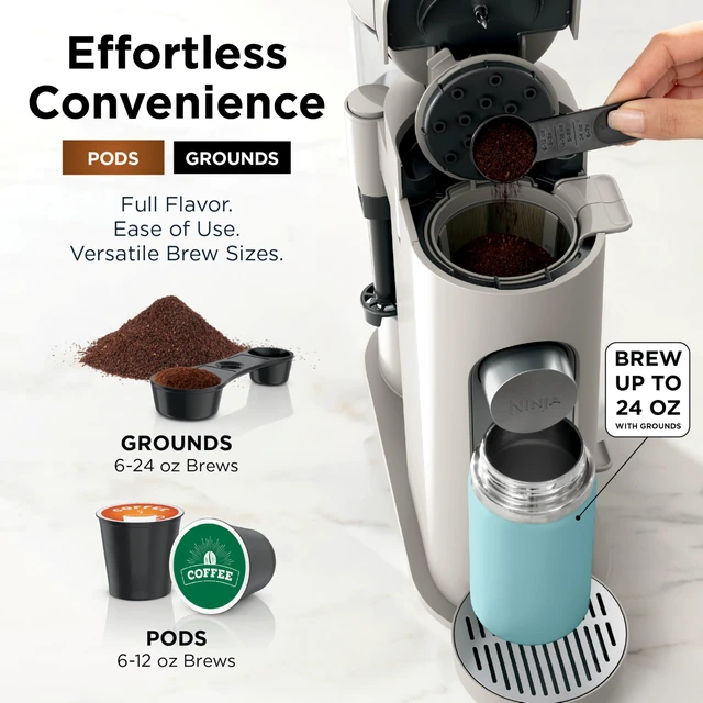Alt view image 3 of 7 - Pod and Grounds Coffee Maker, K-Cup Compatible, Stone, PB051ST | Brews, Compact Design, Built-in Milk Frother, 56 Ounces Reservoir, 6 Ounces Cup to 24 Ounces Mug Sizes