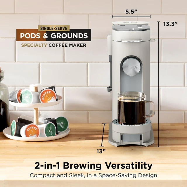 Alt view image 2 of 7 - Pod and Grounds Coffee Maker, K-Cup Compatible, Stone, PB051ST | Brews, Compact Design, Built-in Milk Frother, 56 Ounces Reservoir, 6 Ounces Cup to 24 Ounces Mug Sizes