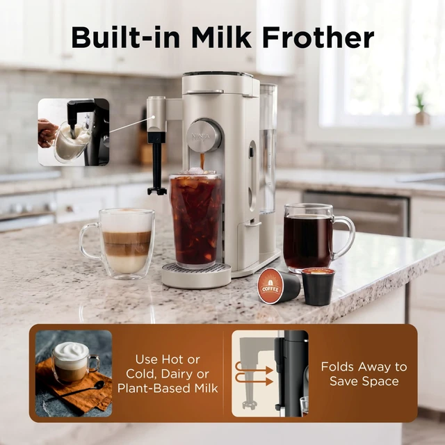 Alt view image 6 of 7 - Pod and Grounds Coffee Maker, K-Cup Compatible, Stone, PB051ST | Brews, Compact Design, Built-in Milk Frother, 56 Ounces Reservoir, 6 Ounces Cup to 24 Ounces Mug Sizes