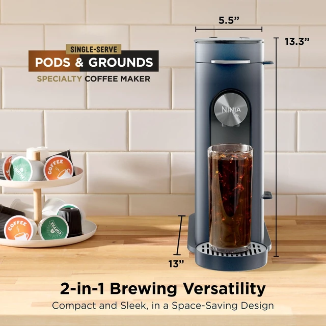 Alt view image 2 of 7 - Pods & Grounds Iced Coffee Maker, K-Cup Pod Compatible, Navy, PB041NV | Single-Serve, Brews Grounds, Compact Design, 56-oz. Reservoir, 6-oz. Cup to 24-oz. Travel Mug Brew Sizes