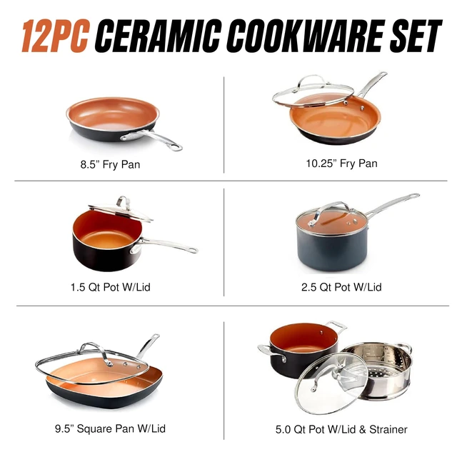 Alt view image 2 of 6 - 12 Pc Titanium Ceramic Cookware Set Nonstick, Diamond Infused | Pots and Pans Non Stick, Non Toxic PFAS Free, Lightweight, Even Heating, Stay Cool Handles, Dishwasher & Oven Safe, Copper