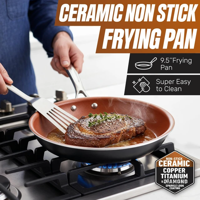 Alt view image 3 of 6 - 12 Pc Titanium Ceramic Cookware Set Nonstick, Diamond Infused | Pots and Pans Non Stick, Non Toxic PFAS Free, Lightweight, Even Heating, Stay Cool Handles, Dishwasher & Oven Safe, Copper