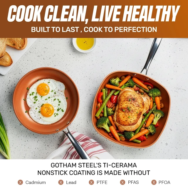 Alt view image 4 of 6 - 12 Pc Titanium Ceramic Cookware Set Nonstick, Diamond Infused | Pots and Pans Non Stick, Non Toxic PFAS Free, Lightweight, Even Heating, Stay Cool Handles, Dishwasher & Oven Safe, Copper