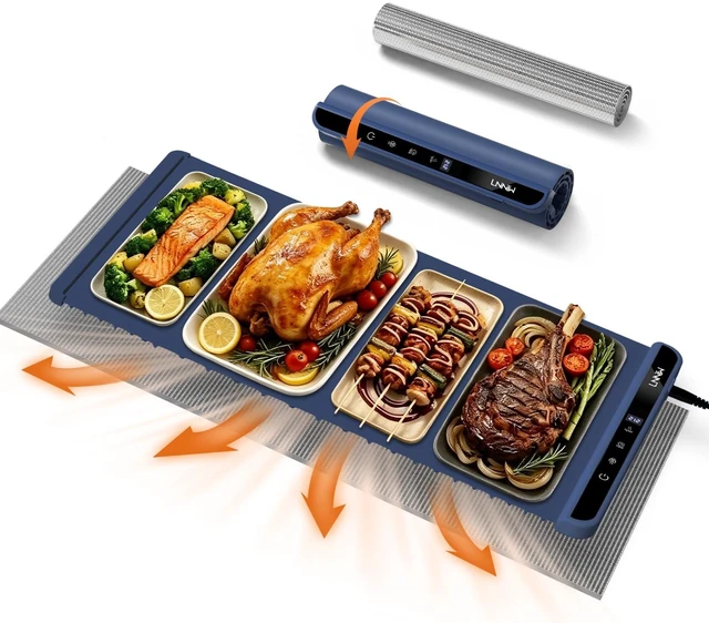 Main image of Warming Mat for Food, 36x15 Inch, Dark Blue, Fast Heat, Child Lock | Includes heat-resistant pad. Perfect for chafing dishes, buffet & parties. Easy to clean & store. 6 settings, timer & lock.