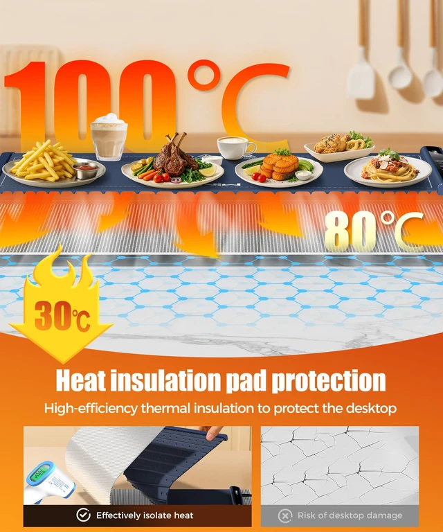 Alt view image 2 of 7 - Warming Mat for Food, 36x15 Inch, Dark Blue, Fast Heat, Child Lock | Includes heat-resistant pad. Perfect for chafing dishes, buffet & parties. Easy to clean & store. 6 settings, timer & lock.