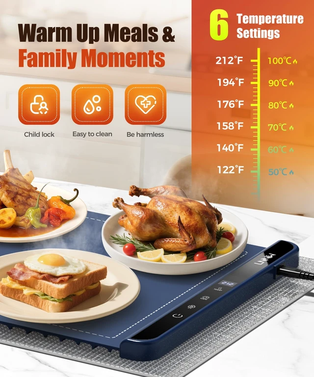 Alt view image 3 of 7 - Warming Mat for Food, 36x15 Inch, Dark Blue, Fast Heat, Child Lock | Includes heat-resistant pad. Perfect for chafing dishes, buffet & parties. Easy to clean & store. 6 settings, timer & lock.
