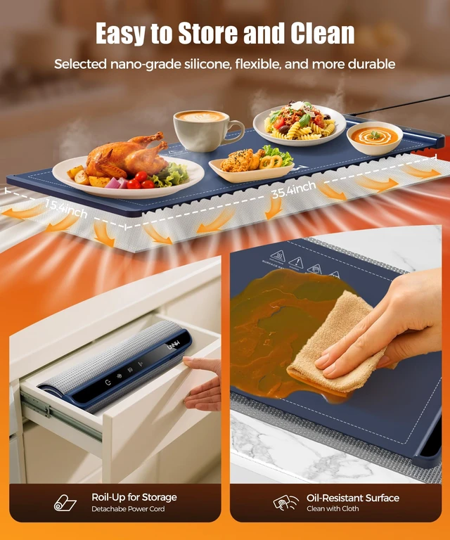Alt view image 5 of 7 - Warming Mat for Food, 36x15 Inch, Dark Blue, Fast Heat, Child Lock | Includes heat-resistant pad. Perfect for chafing dishes, buffet & parties. Easy to clean & store. 6 settings, timer & lock.